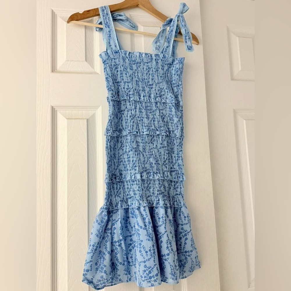 Blue adjustable sleeve Ruffle Dress
